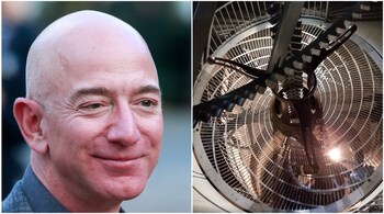 Jeff Bezos was apparently inspired by the clock designer Danny Hillis's vision and decided to invest in the project. (Right) The winding platform of the clock. (Image credit: AFP, Long Now Foundation)