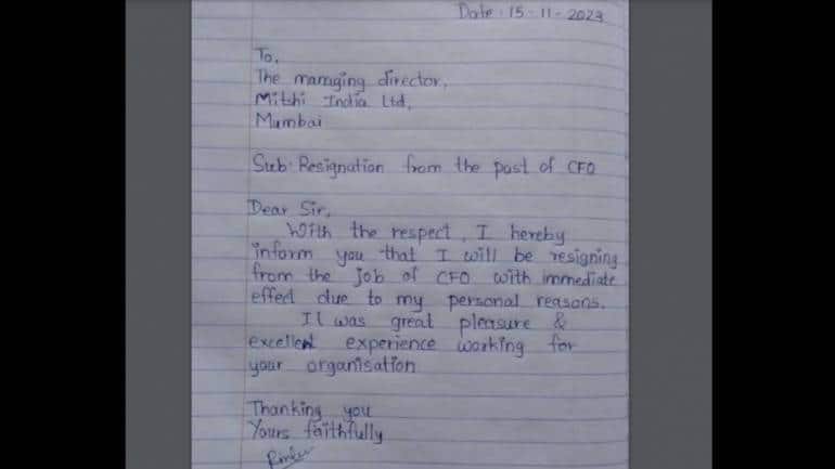 Mitshi India CFO Rinku Patel's handwritten resignation is viral: 'borrowed page from kid's notebook' - Vimarsana News