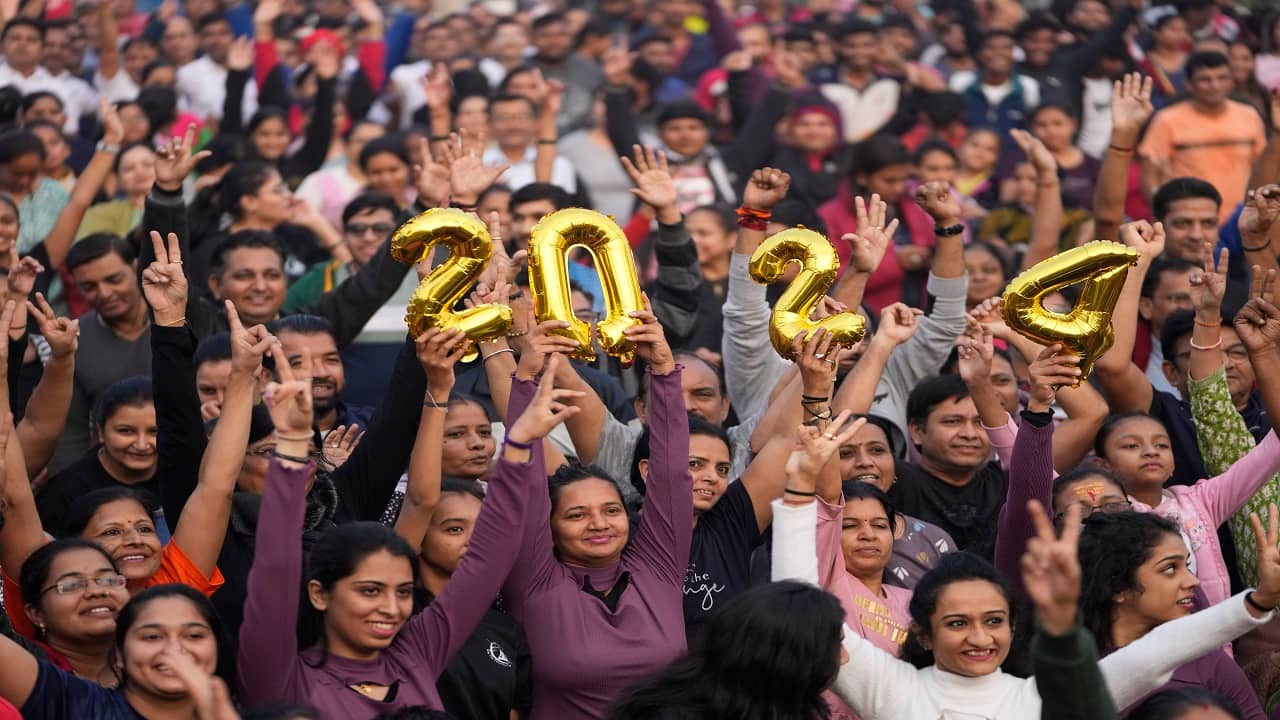 Ahmedabad: People hold the figure 2024 and cheer during an event to bid good bye to 2023 and welcome the New Year with happiness and excitement. (Image: PTI)