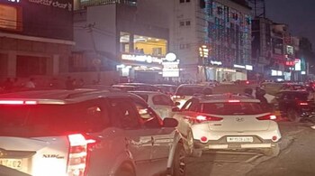 Vehicles lined up due to slow traffic on Bellari Road