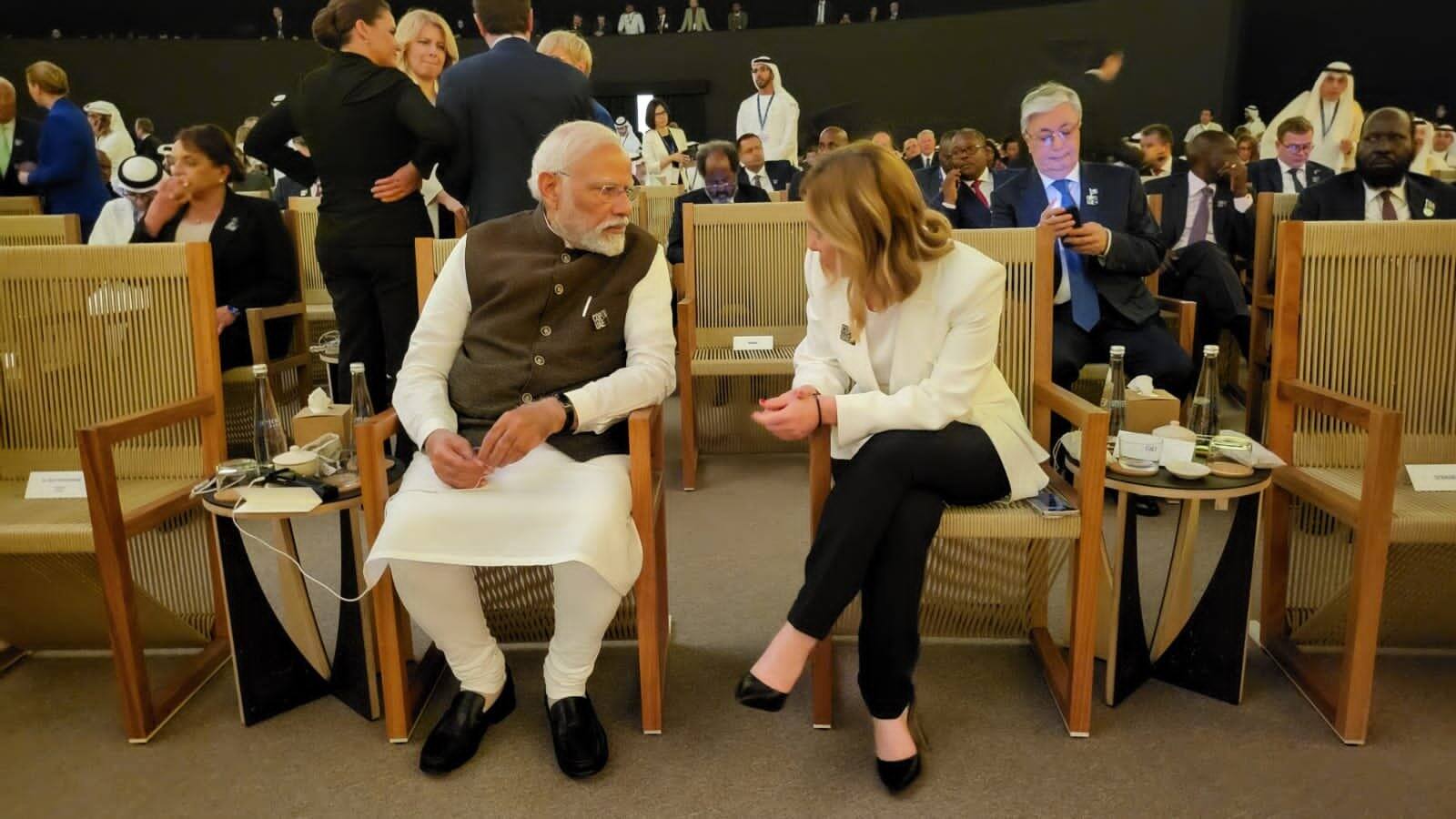 On the margins of the COP28 Summit in Dubai on Friday, Prime Minister Narendra Modi met with his Italian colleague Giorgia Meloni, saying he looked forward to India-Italy collaborative efforts for a sustainable, prosperous future. (Image: AP) On the margins of the COP28 Summit in Dubai on Friday, Prime Minister Narendra Modi met with his Italian colleague Giorgia Meloni, saying he looked forward to India-Italy collaborative efforts for a sustainable, prosperous future. (Image: AP)