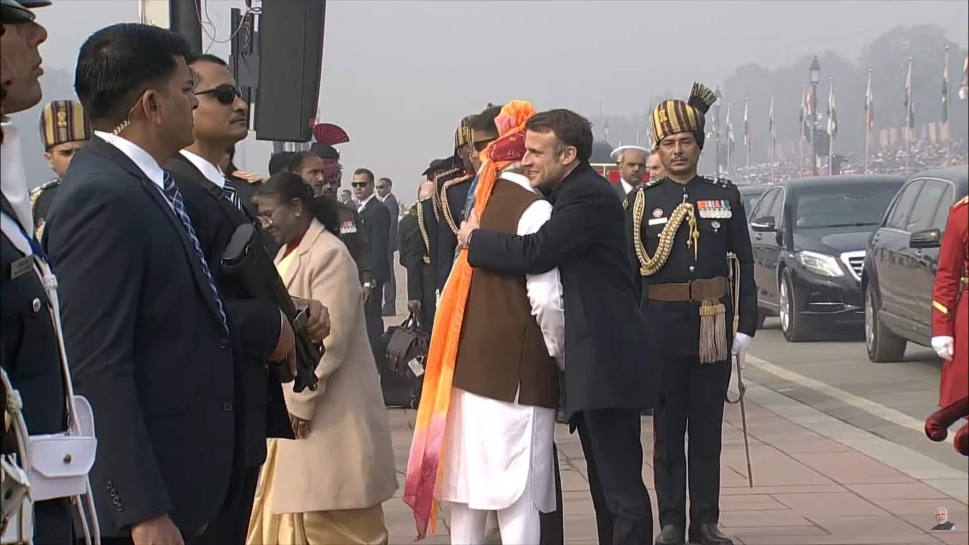 PM Modi welcomes French President Emmanuel Macron at India's grand 75th Republic Day parade. (Image: ANI)