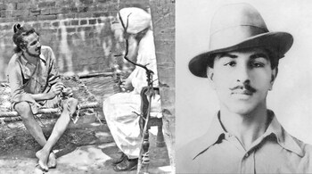 Bhagat Singh in Jail in 1927 (Photo source: Punjab State Archives via Wikimedia Commons); and (right) Bhagat Singh in 1929. (Photo source: Ramnath Photographers, Delhi, via Wikimedia Commons)