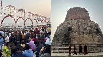 Crowds gather for the Ganga aarti at Dashashwamedh Ghat.; and Dhamek Stupa in Sarnath. India’s oldest living city and one of the oldest continuously inhabited cities on earth, Varanasi is intense, chaotic, crowded and colourful. (Photos by Sneha Mahale)