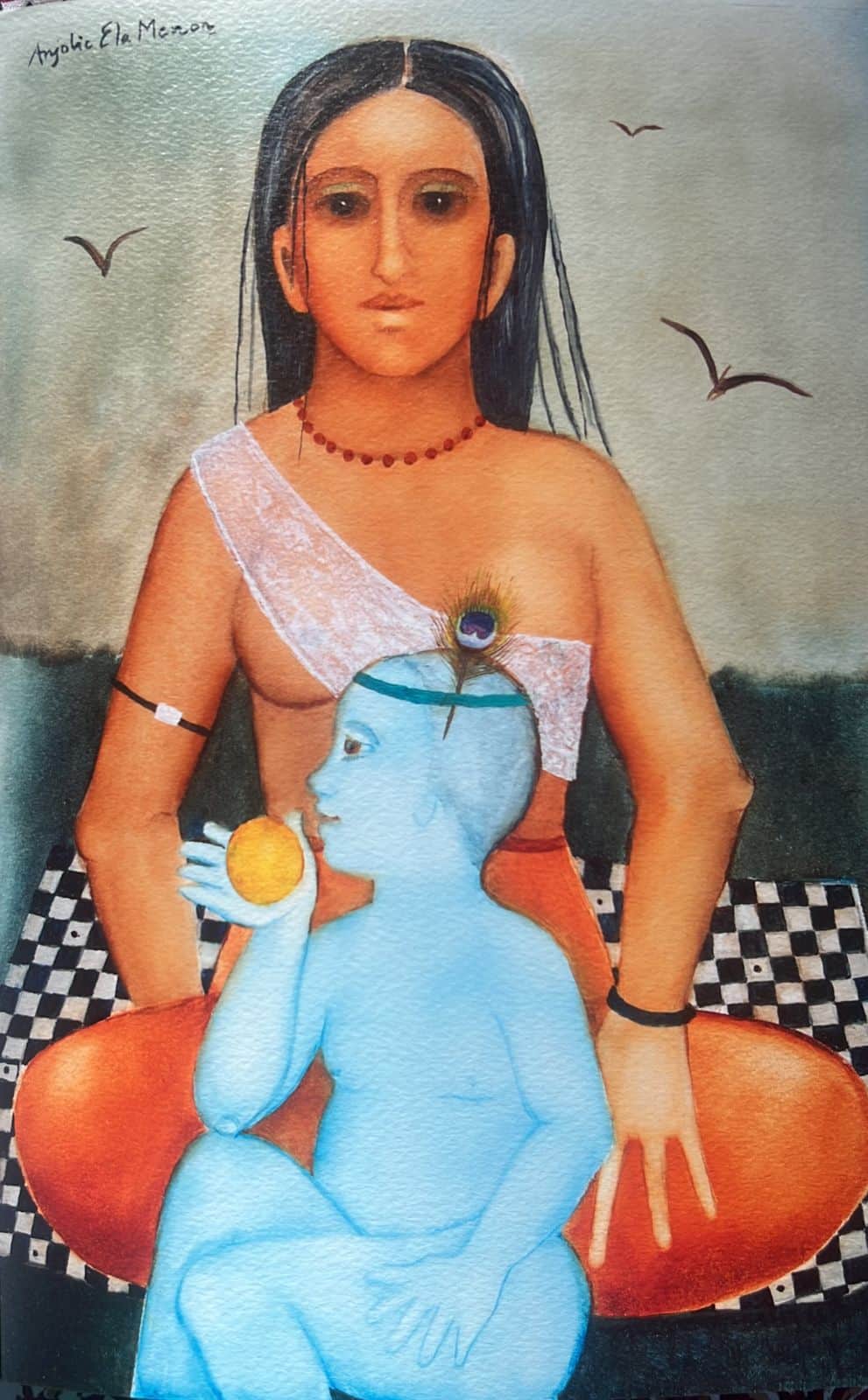 Anjolie Ela Menon's 'Yashoda with Krishna' (2023), a 36"x24" oil on Masonite.