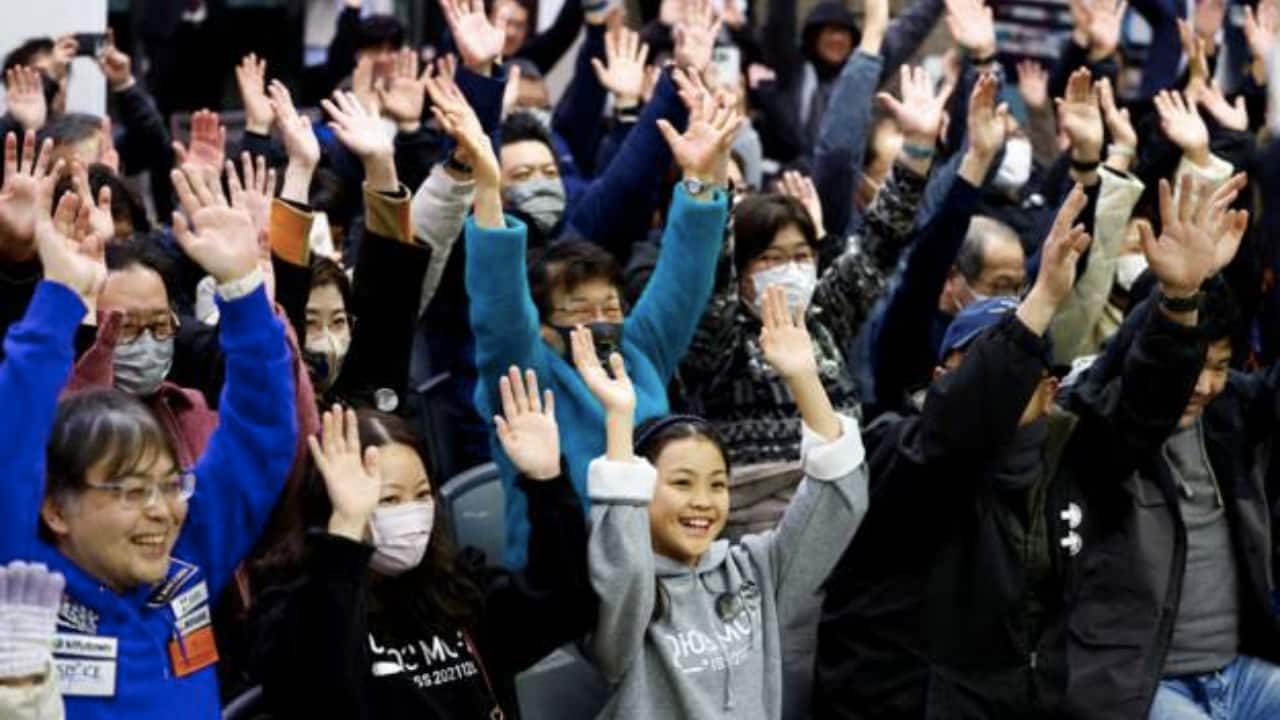 Celebraters gather at a public viewing event in Sagamihara, Kanagawa Prefecture, following the Smart Lander for Investigating Moon's successful moon landing on Saturday. (Image: Reuters)