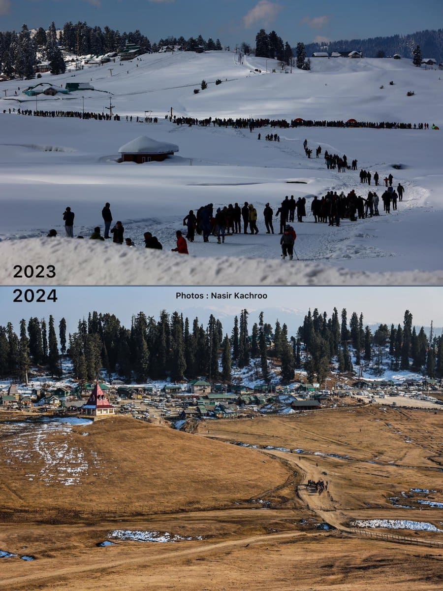 Snow-covered Gulmarg, Kashmir, this time last year (top) and snowless now. (Photo: Nasir Kachroo via @OmarAbdullah/X)