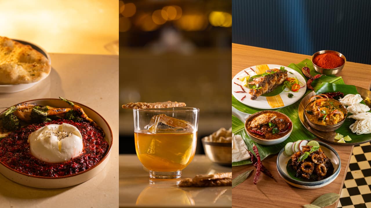 Red amaranth with burrata; Kozhikode mai tai; and Kuttanadan prawns with stringhoppers, tamarind kingfish, squid pepper fry and prawn pepper fry at Sarvaa in Panjim, Goa.
