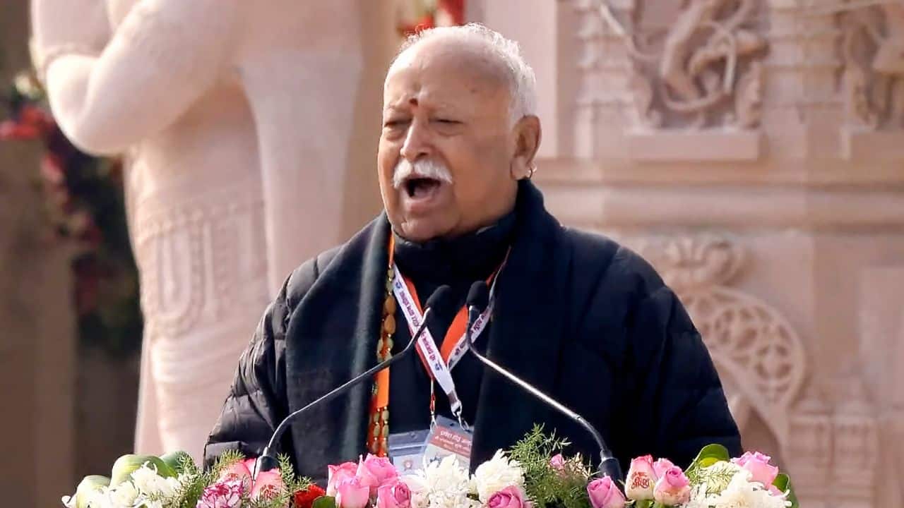 Rashtriya Swayamsevak Sangh (RSS) chief Mohan Bhagwat, also spoke at the event. He called the pran pratishtha of Ram Lalla in Ayodhya Golden Moment for India. He lauded the enthusiasm in every part of the country and thanked everyone who made this day possible. (Image: PTI)