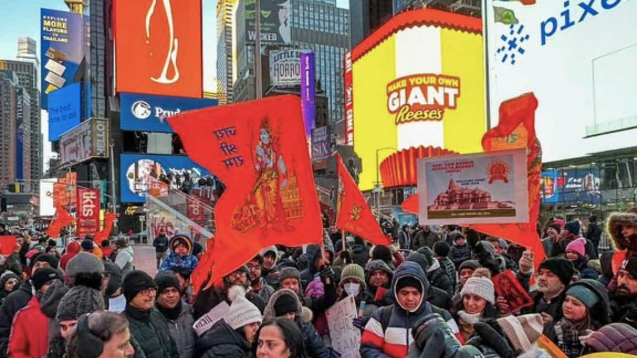 The New York Times Square hosted a lively celebration for Ayodhya's Ram Temple opening, echoing with Jai Shri Ram chants and festive fervor. (Image: ANI)
