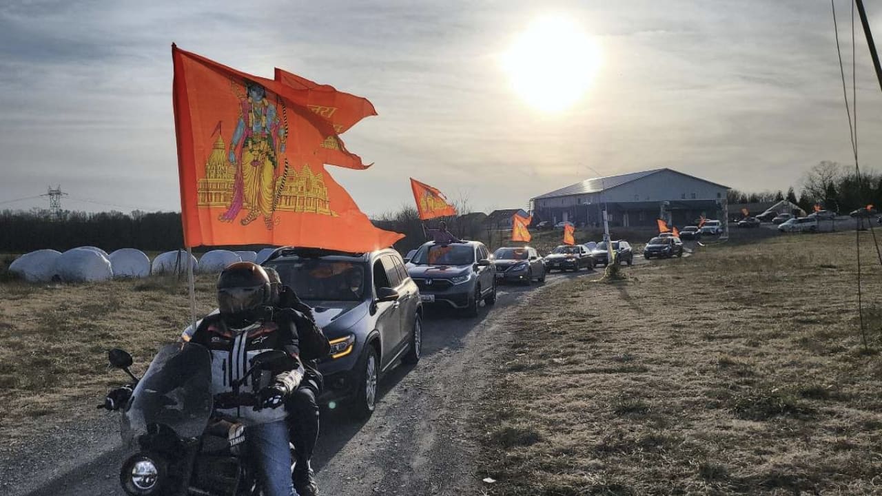 Hindu American community stages massive car rally in Houston celebrating the upcoming inauguration of Ram Mandir in Ayodhya on January 22. (Image: PTI)
