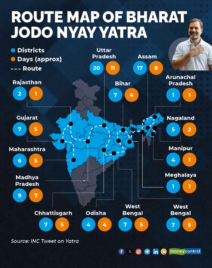 Route Map Of Bharat Jodo Nyay Yatra 