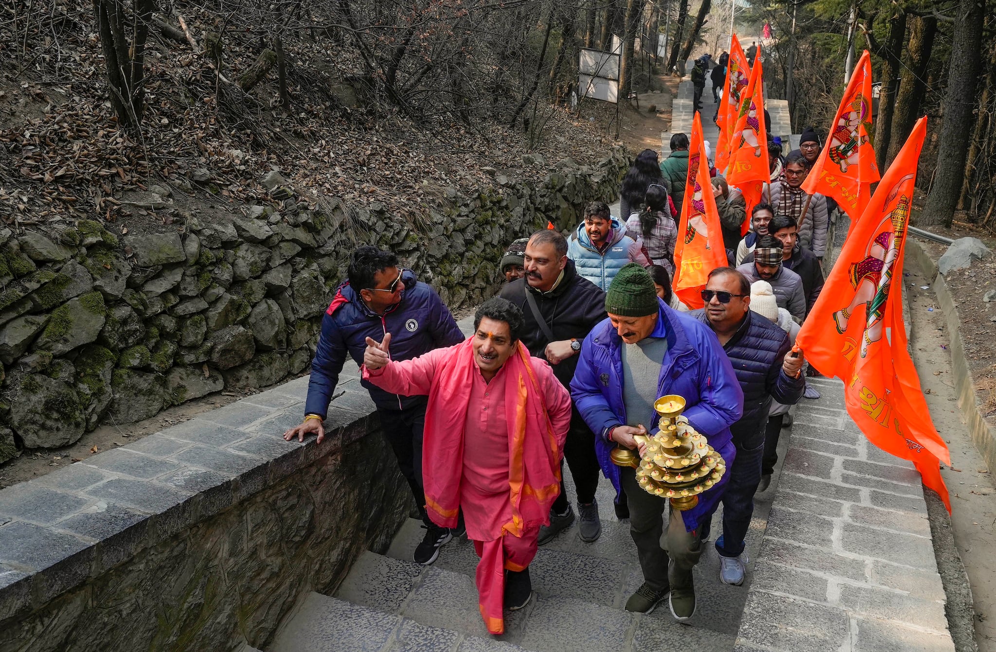 Srinagar: Devotees arrive to offer prayers at the Shankaracharya Temple on the occasion of Ayodhya Ram Mandir 'Pran Pratishtha' ceremony on January 22 (Image: PTI)