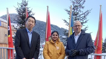 (L-R) Andrew Ng, Moneycontrol's Chandra Srikanth, Coursera CEO Jeff Maggioncalda at WEF2024 in Davos.