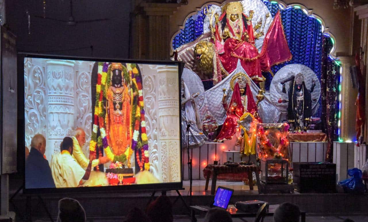 Haridwar: Devotees watch live telecast of the 'Pran Pratishtha' ceremony of Ayodhya's Ram Mandir on January 22 (Image: PTI)