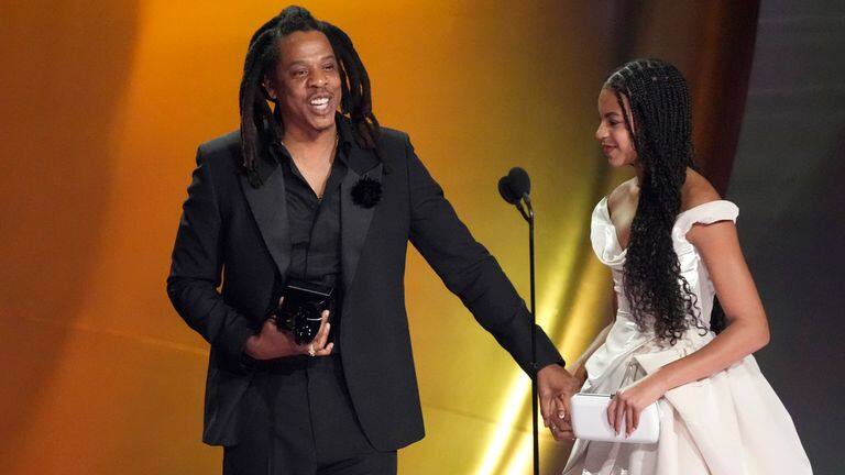 Jay-Z with his daughter Blue Ivy on the Grammys stage. (Image courtesy Recording Academy website, CBS)