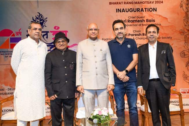 Delhi NSD chief Paresh Rawal (far left) and Bharat Rang Mahotsav 2024 ambassador actor Pankaj Tripathi (second from right) at BRM's inauguration at the National Centre for the Performing Arts (NCPA) in Mumbai on February 1.