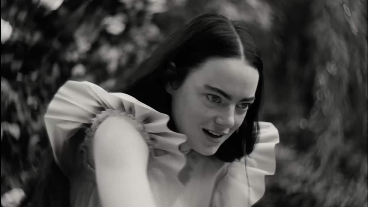 Emma Stone as Bella Baxter in Poor Things. The film moves from monochrome to colour. (Screen grab)