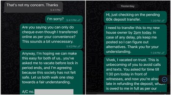 Screenshot of messages exchanged between the tenant Kashyap Swaroop and the landlord Vivek Bahadur. (Image credit: @LowKashWala/X)