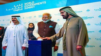 Prime Minister Narendra Modi with Vice President and Prime Minister of the UAE and Ruler of Dubai Sheikh Mohammed bin Rashid Al Maktoum inaugurates 'Bharat Mart', a warehousing facility, in Dubai, UAE, on Feb 14, 2024. (PTI Photo)