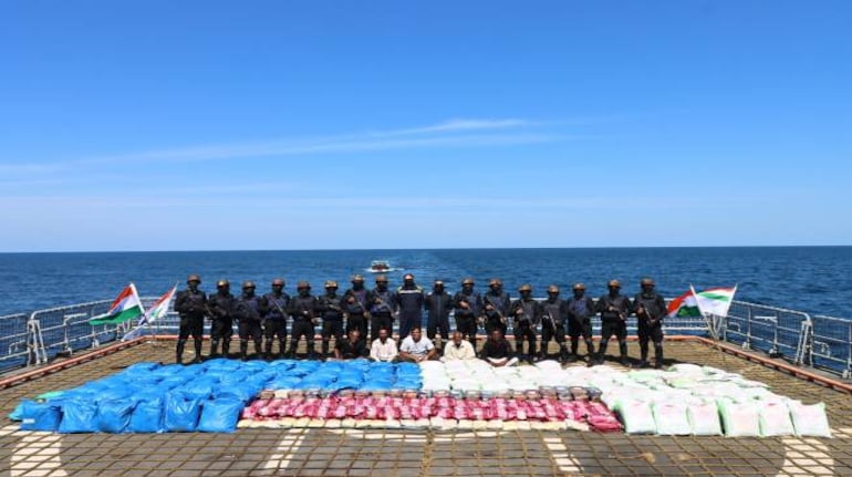 According to the Indian Navy, of the 3,132 kg of seized drugs, 3,089 kg was charas, 158 kg was Methamphetamine and 25 kg was Morphine. (Image: Twitter//@indiannavy)