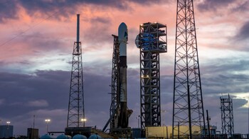 A SpaceX Falcon 9 rocket with NASA’s PACE (Plankton, Aerosol, Cloud, ocean Ecosystem) spacecraft stands vertical at Space Launch Complex 40 at Cape Canaveral Space Force Station in Florida on February 5, 2024. (Image credit: SpaceX)