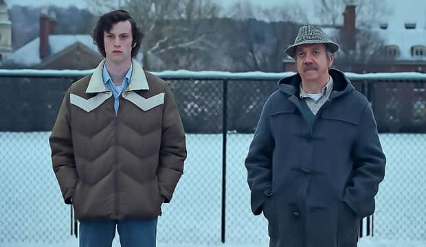 Dominic Sessa and Paul Giamatti in The Holdovers. (Image via X @GoldDerby)