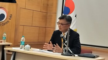 South Korea Ambassador to India Chang Jae-bok speaking to reporters in New Delhi on February 28.