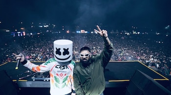 American electronic music sensation Marshmello with rapper Badshah at the recently concluded Sunburn concerts.