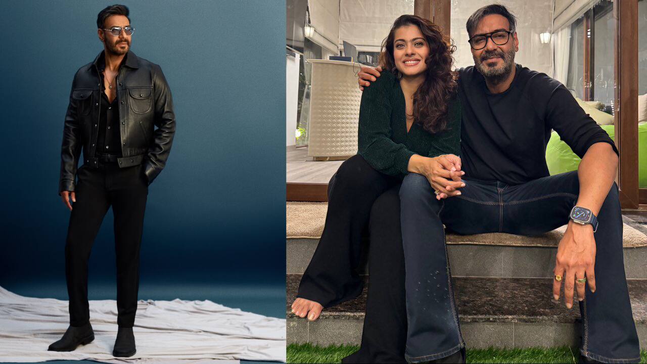 Ajay Devgn (styled by Radhika Mehra; photographed by Ridhika Mehra); and Ajay Devgn with wife Kajol. (Images via X/@ajaydevgn)