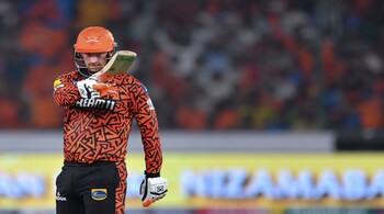 Hyderabad: Sunrisers Hyderabad batter Heinrich Klaasen celebrates his half century during the Indian Premier League (IPL) 2024 T20 cricket match between Sunrisers Hyderabad and Mumbai Indians, at Rajiv Gandhi International Cricket Stadium, Uppal, in Hyderabad, Wednesday, March 27, 2024. (PTI Photo)(PTI03_27_2024_000281B)