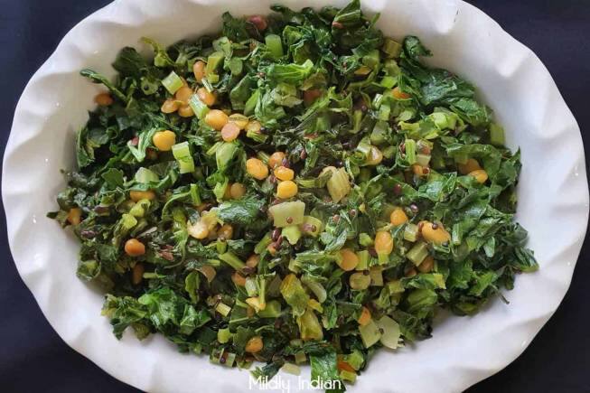 Mullangi keerai poriyal, a south Indian chopped radish leaves stir-fry dish.