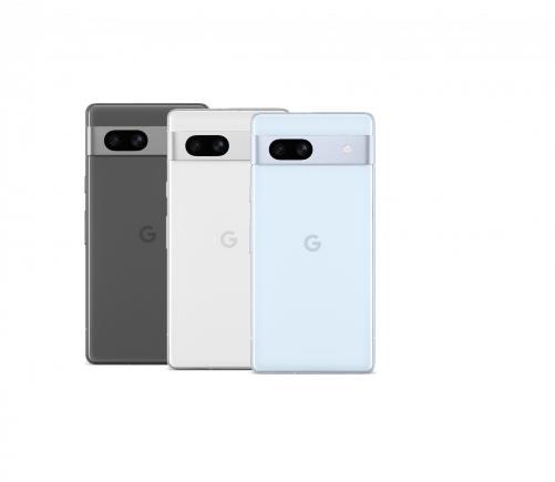 Pictured is Google Pixel 7a in three variants: Charcoal, Snow and Sea. Pixel 8a could be made in four colour variants: obsidian (black), porcelain (beige), bay (light blue), and mint (light green).