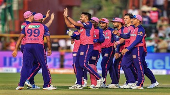 Jaipur: Rajasthan Royals players celebrate a wicket during the IPl 2024 T20 cricket match between Lucknow Super Giants and Rajasthan Royals at SMS Stadium, in Jaipur, Sunday, March 24, 2024. (PTI Photo) (PTI03_24_2024_000161B)