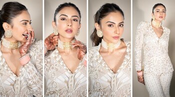 For her wedding reception in Mumbai, Rakul Preet Singh wore polki and diamond convertible choker/bracelet with pearl strings and large-sized studs by Neety Singh