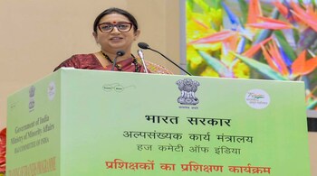 Union Minister for Women & Child Development and Minority Affairs Smriti Irani addresses at the launch of Haj Suvidha Mobile application and release Haj Guide 2024, at Vigyan Bhawan, in New Delhi, on March 3, 2024. (PTI Photo)