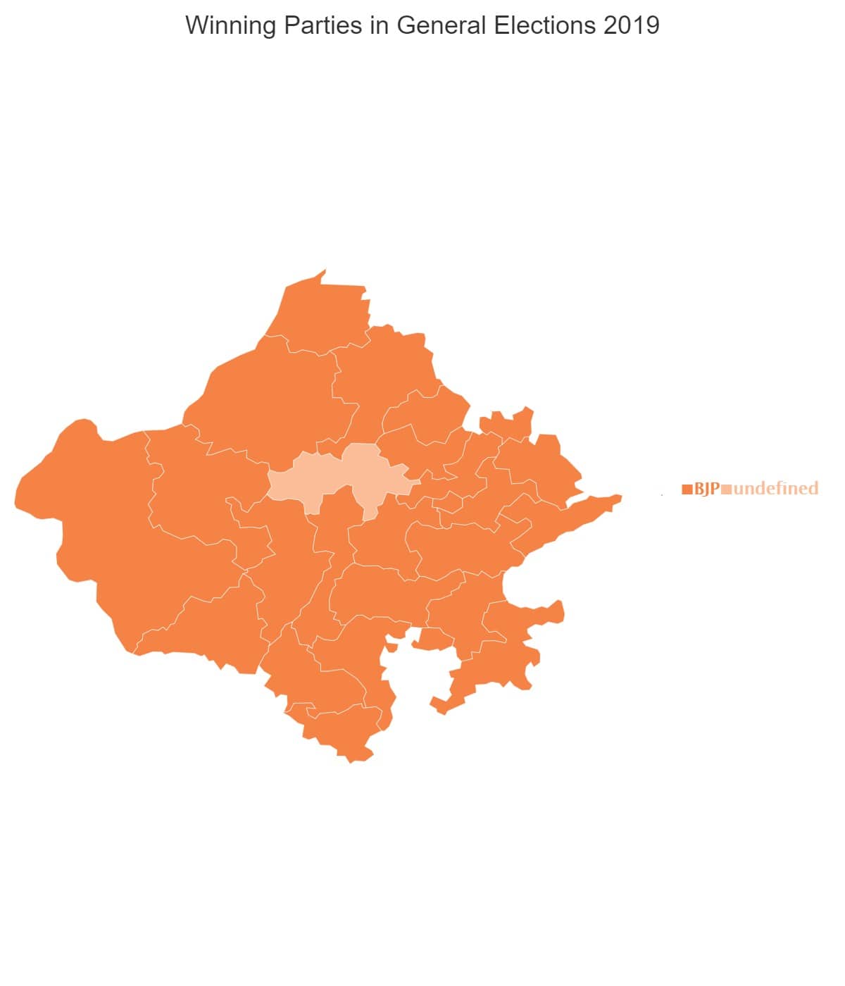 Visual representation of the seats won by different political parties in the state of Rajasthan in 2019 Lok Sabha election.