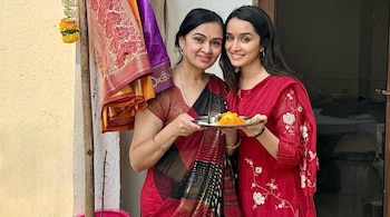 Shraddha Kapoor shared photos of celebrating Gudi Padwa with her family on Instagram. She also wished her Insta family, saying: 'Happy Gudi Padwa Meri Insta Fam. Gudi Padwa ki aapko aur aapke parivaar ko hardik shubhkaamnaaye.' (Image via Instagram)