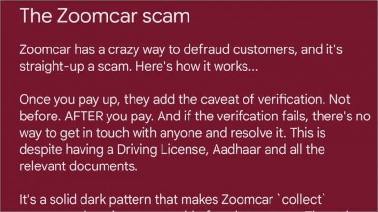 Bengaluru man accuses Zoomcar of defrauding customers, calls it 'straight-up scam'. Company responds - Vimarsana News