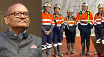 Vedanta founder Anil Agarwal; Agarwal's daughter, Priya Agarwal Hebbar (second from right) is chairperson of Hindustan Zinc, which employs women in non-traditional roles like underground mining and mining rescue teams. (Images via Wikimedia Commons & Hindustan Zinc)