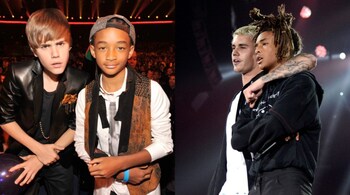 Singers Justin Bieber (left) and Jaden Smith reunited after 14 years at Coachella 2024.