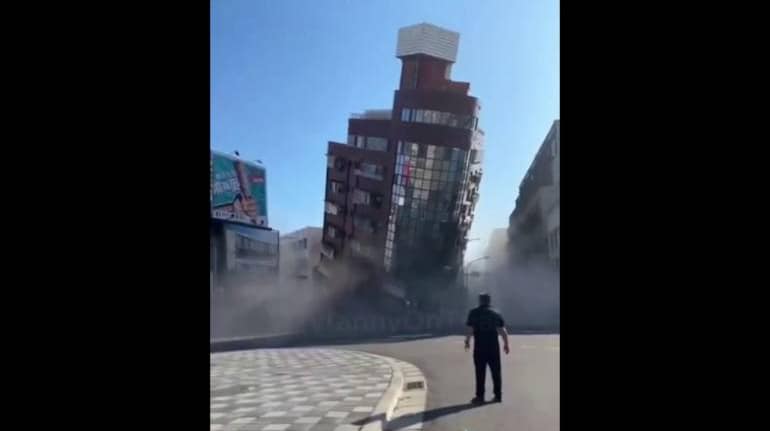 Buildings collapse, tilt to the side after powerful earthquake hits Taiwan.  Video