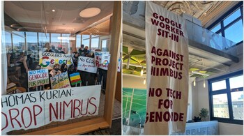 Nine Google employees were arrested on Tuesday evening after they staged a protest against Project Nimbus in New York and California. (Image credit: @NoTechApartheid/X)