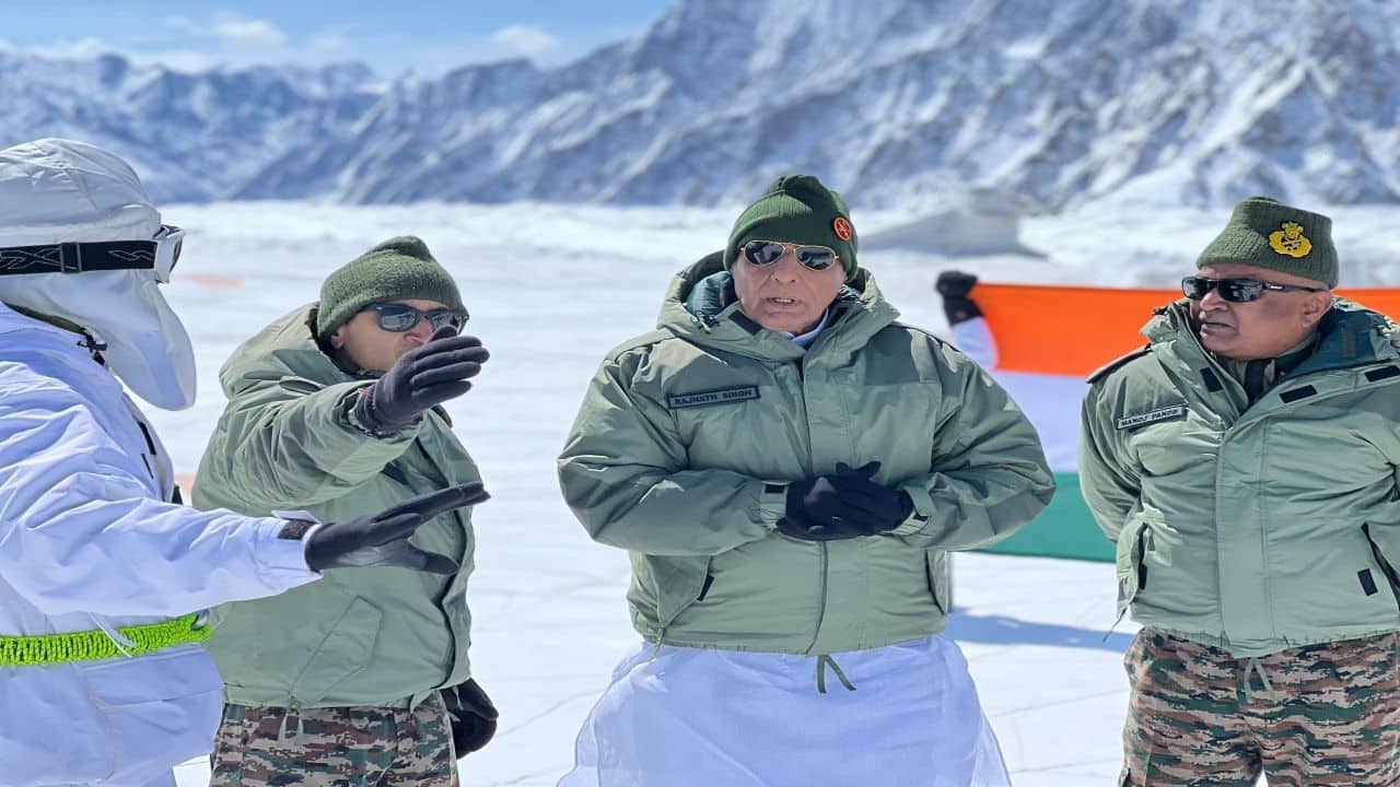 Defence Minister Rajnath Singh on Monday visited Siachen, the world's highest battlefield, and reviewed India's overall military preparedness in the region. (Image: ANI)