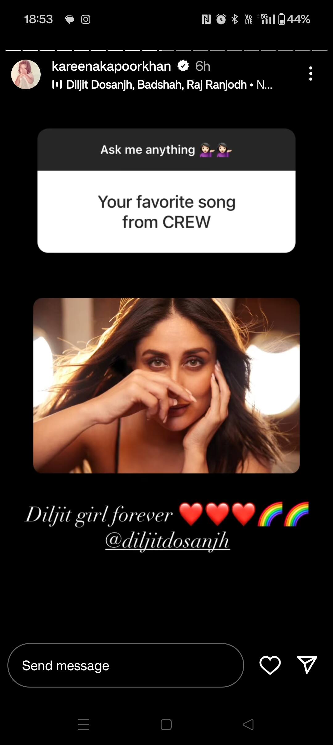 Kareena who has worked with Punjabi singer Diljit Dosanjh in the past, also said that her favourite song from the movie is "Naina". Kareena who has worked with Punjabi singer Diljit Dosanjh in the past, also said that her favourite song from the movie is "Naina".