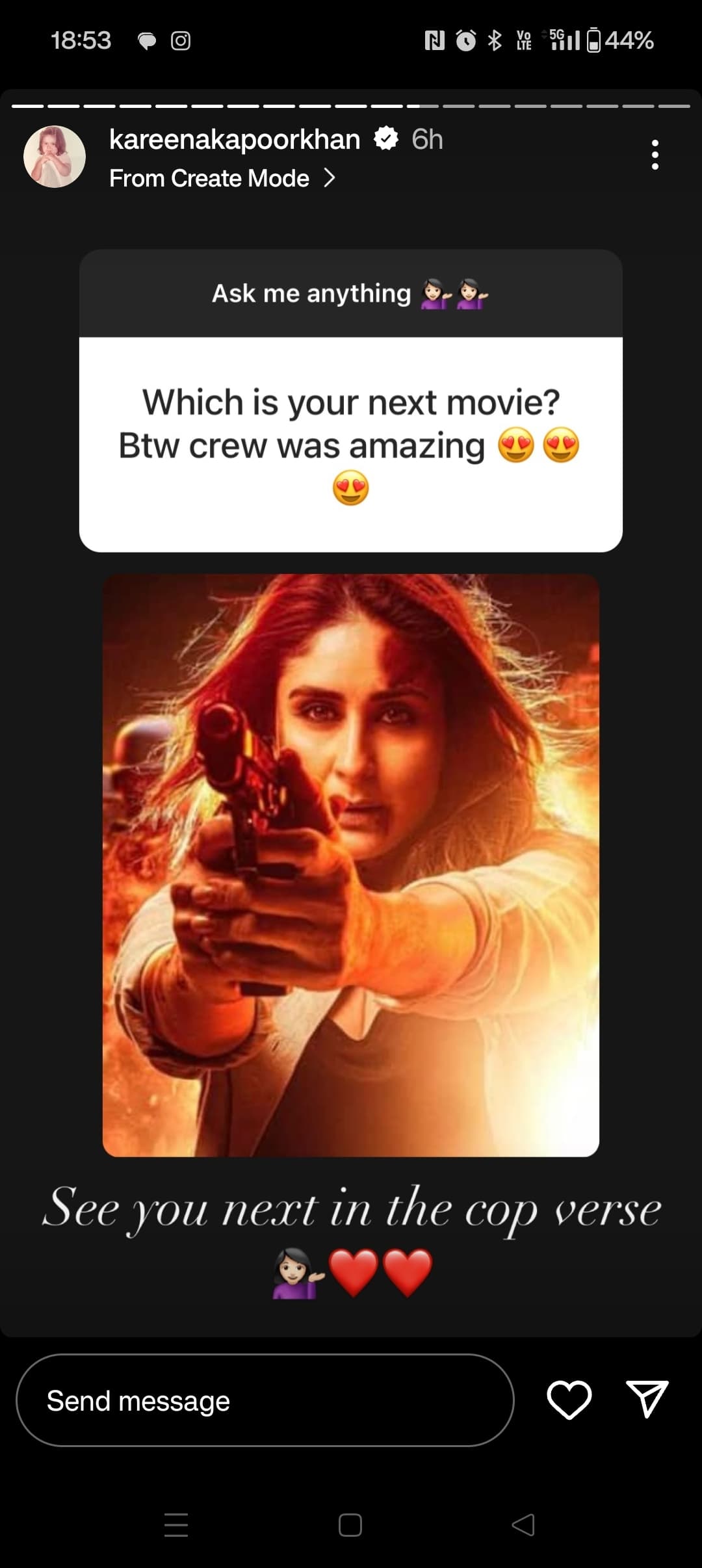 Kareena is currently shooting for the next Singham movie. She was a part of Singham 2 with Ajay Devgn and is making a return to the action genre once again. She also shared a picture of her intense look from the cop verse movie. Kareena is currently shooting for the next Singham movie. She was a part of Singham 2 with Ajay Devgn and is making a return to the action genre once again. She also shared a picture of her intense look from the cop verse movie.