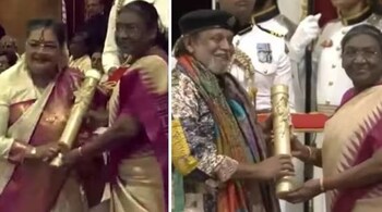 Usha Uthup and Mithun Chakraborty receive the Padma Bhushan award from President Droupadi Murmu.