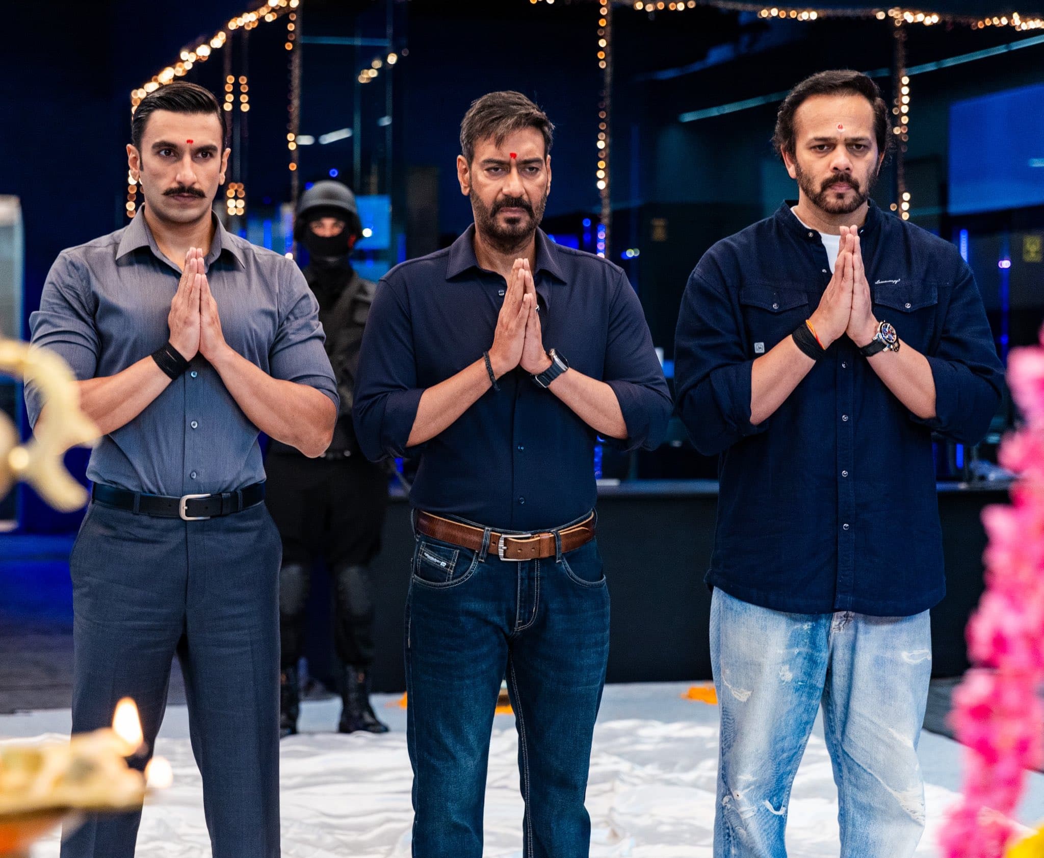 Ranveer Singh, Ajay Devgn and Rohit Shetty at a puja ahead of the release of Singham Again.