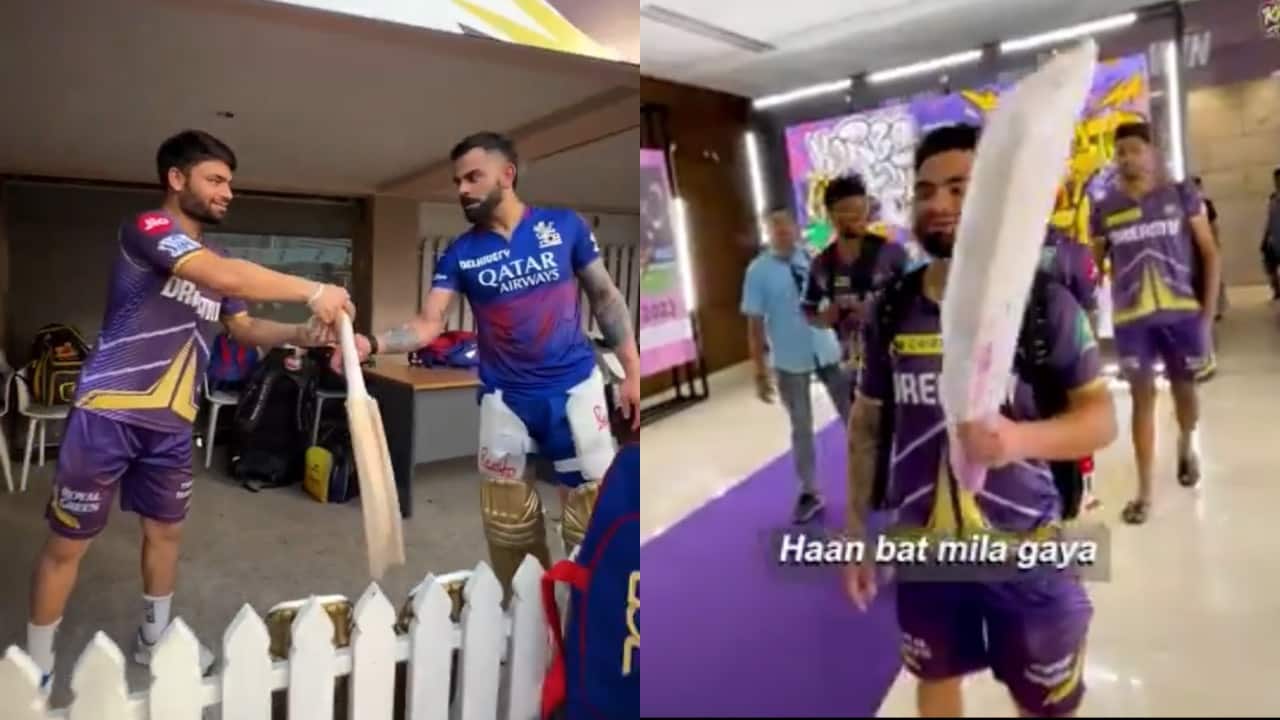 IPL 2024: KKR's Rinku Singh finally gets a second bat from RCB's Virat Kohli after breaking his earlier one, watch video