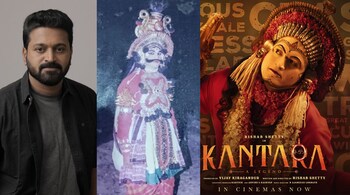 Kantara actor-director Rishab Shetty; a young Rishab Shetty dressed up for a Yakshagana performance; and the movie poster for Kantara which made Rs400 crore at the global box office.